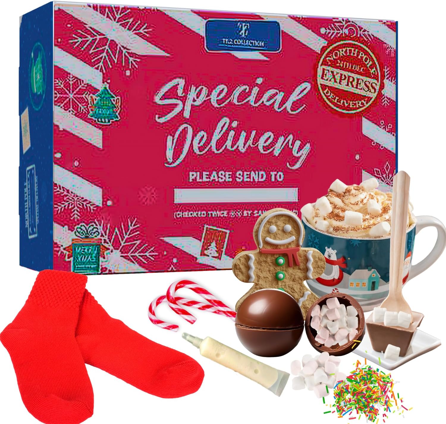 Christmas Kids Hot Chocolate Gift Set - Xmas Eve box fillers, Hot Chocolate Stirrer, Cone With Sprinkler, Bombs with Marshmallow, Candy Cane, Gingerbread, Cosy Socks, kids Filled Christmas Eve box