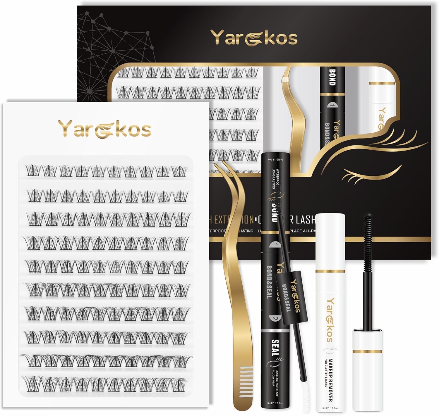 4-in-1 Individual Eyelash Extension Kit, 100Pcs C Curl Clusters False Lashes Mix 10-12-14-16mm, 2-in-1 Bond Seal Glue, Makeup Remover, Lash Tweezers with comb, DIY Application at Home, Black-B1