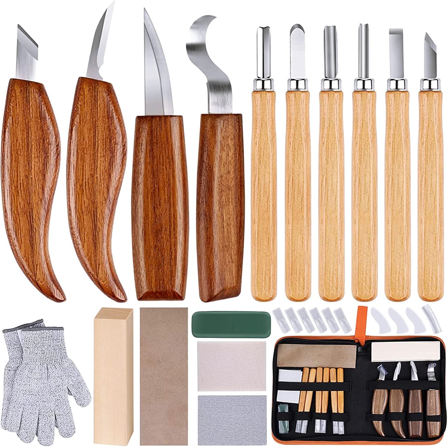 Olerqzer 26-in-1 Wood Carving Kit with Detail Wood Carving Knife, Whittling Knife, Wood Chisel Knife, Gloves, Carving Knife Sharpener for Spoon, Bowl, Kuksa Cup (26PCS)