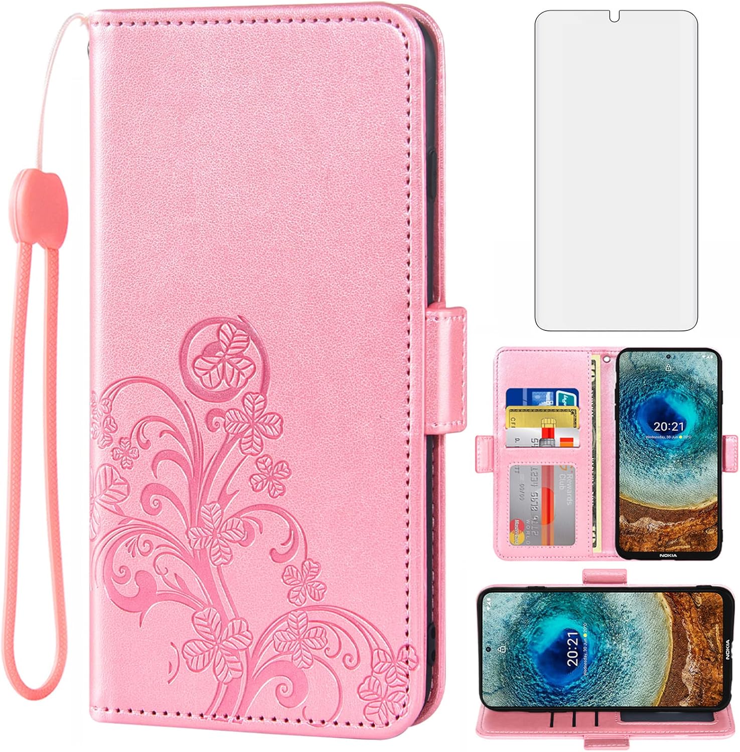 Asuwish Compatible with Nokia X10/X20 Wallet Case and Tempered Glass Screen Protector Flip Purse Wrist Strap Credit Card Holder Stand Cell Phone Cover for NokiaX10 10X NokiaX20 5G Women Men Rose Gold