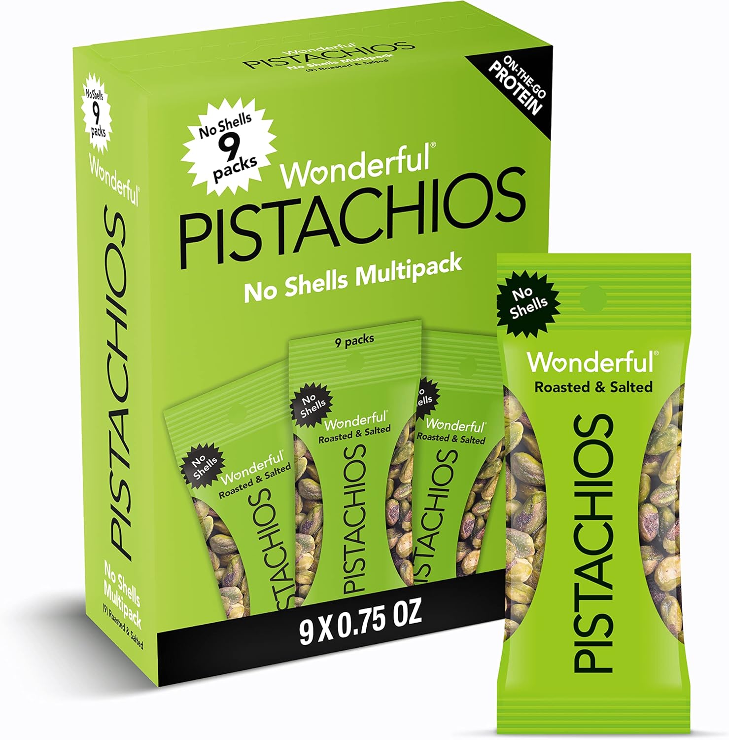 Wonderful Pistachios No Shells, Roasted & Salted Nuts, 0.75 Ounce Bag (Pack of 9), Protein Snacks, Gluten Free, On-the-Go, Individually Wrapped Healthy Snacks
