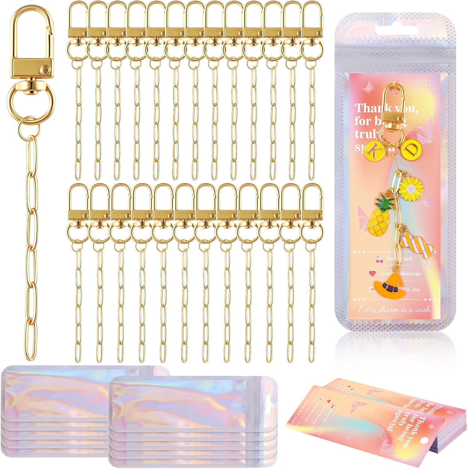 Wurosi 25 Set Paperclip Keychain Making Kit, Bag Charm Kit, 25 Keychain Clips, 25 Extender Chain, 25 Resealable Pouch Bag, 25 Thank You Cards, 5M Hemp Rope, Jewelry Making Kit for DIY Keyrings Charms