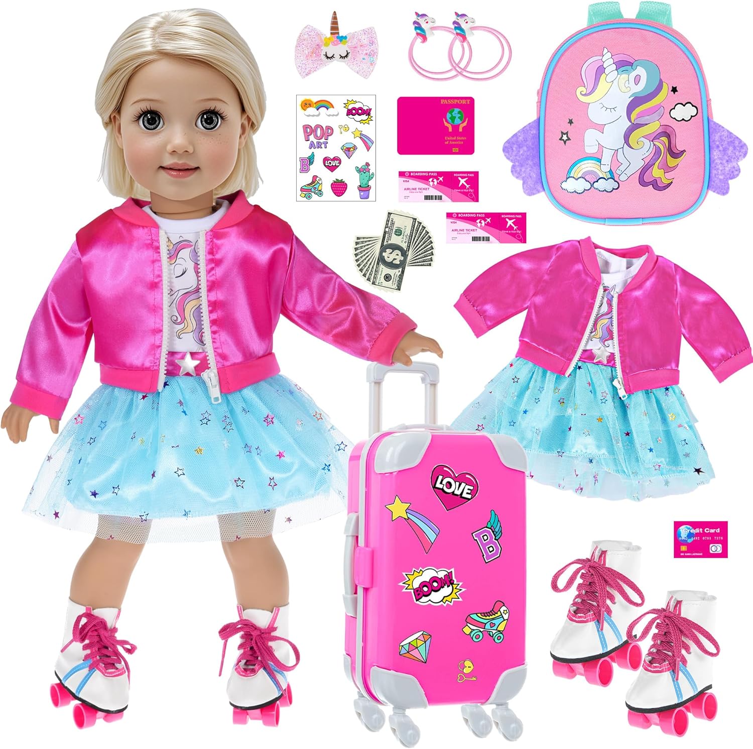 18 inch Doll Clothes and Doll Accessories Case Luggage Travel Play Set Include Suitcase, Jacket, Dresses, Backbag, Roller Shoes, Hairband, Sticker Etc (No Doll)