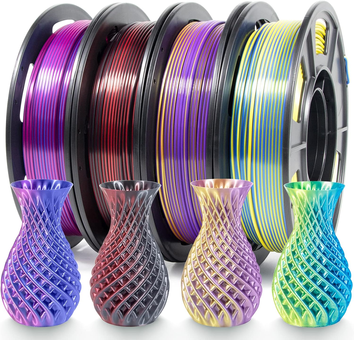 iSANMATE 3D Printer PLA Filament Set, Dual Color Silk Filament, Silk PLA 1.75mm +/-0.02mm, Filament PLA 250g x 4 Spool, Rose Red Blue/Blue Yellow/Red Black/Gold Purple