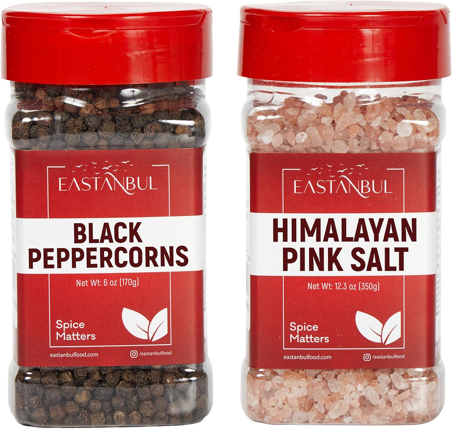 Eastanbul Whole Black Peppercorns 6oz + Pink Himalayan Salt 12.3oz, Black Peppercorns for Grinder Refill + Coarse Salt For Grinder Refill, Coarse Salt and Pepper For Grinder Refill, 2 Piece Spice Set