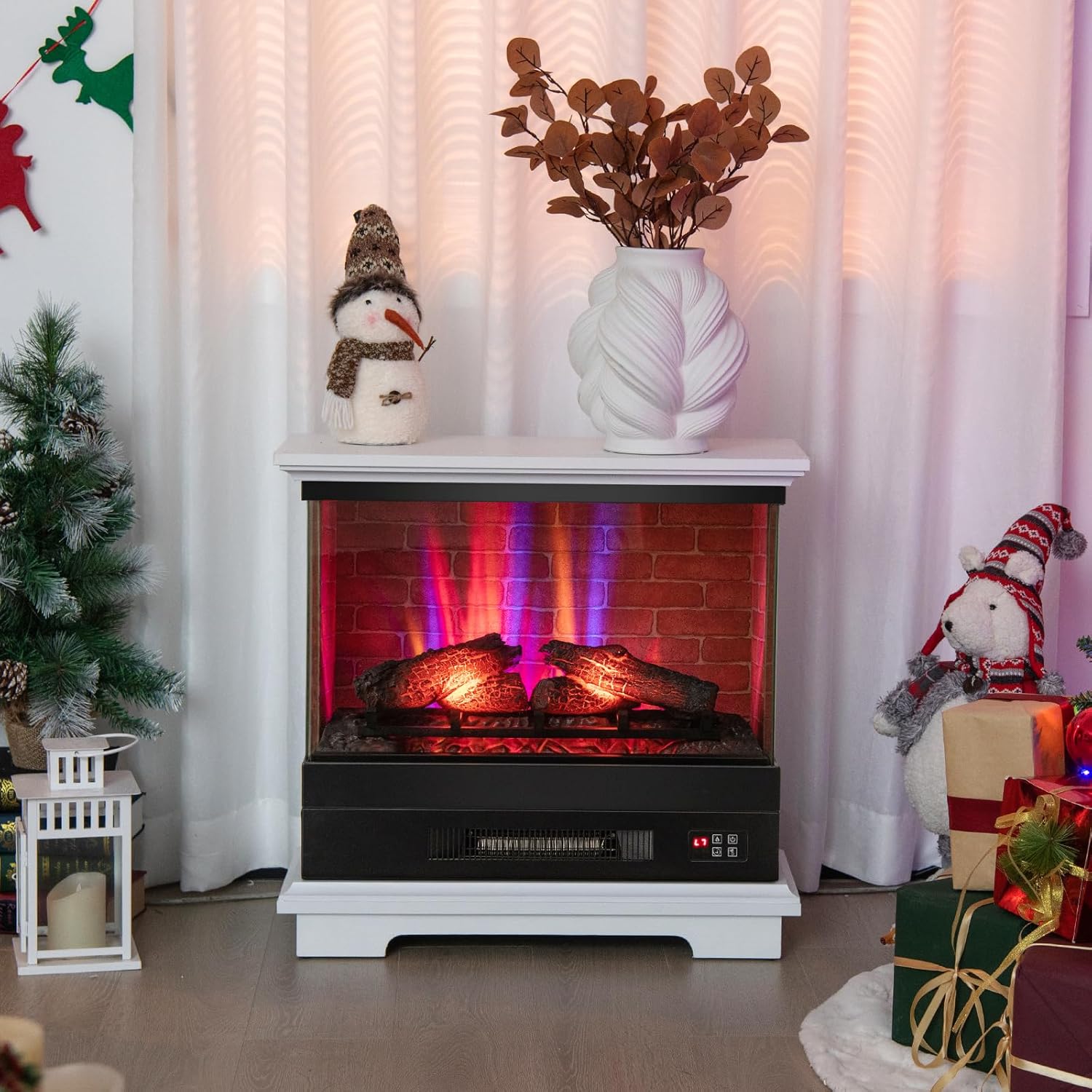 Tangkula 3 Sided Electric Fireplace, No Assembly 27 Inches Freestanding 4780 BTU Fire Place with Mantel, with 7 Flame Colors, Remote & 6H Timer, Overheat Protection1400W (White)