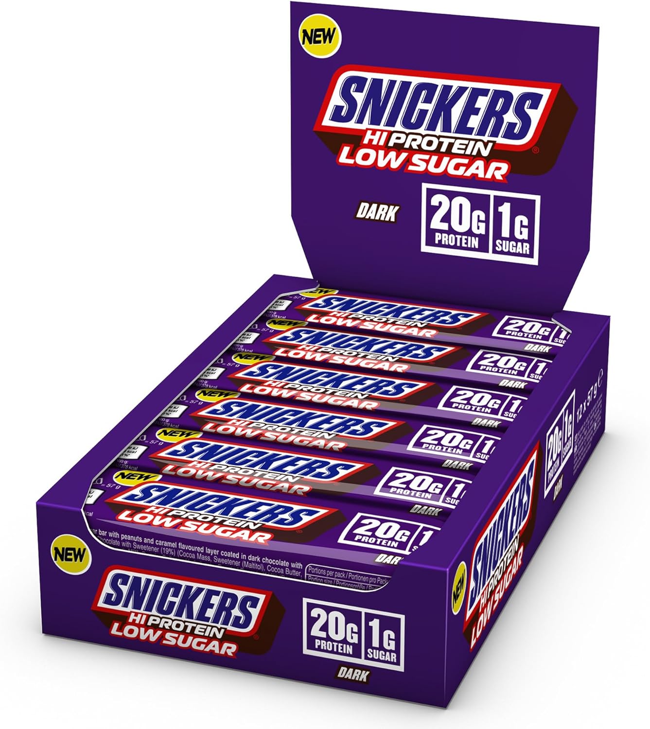 Snickers - HI Protein Bars | Low Sugar Bars, Only 1g of Sugar per bar, Dark Chocolate, 12 x 57g Pack, 20g Protein