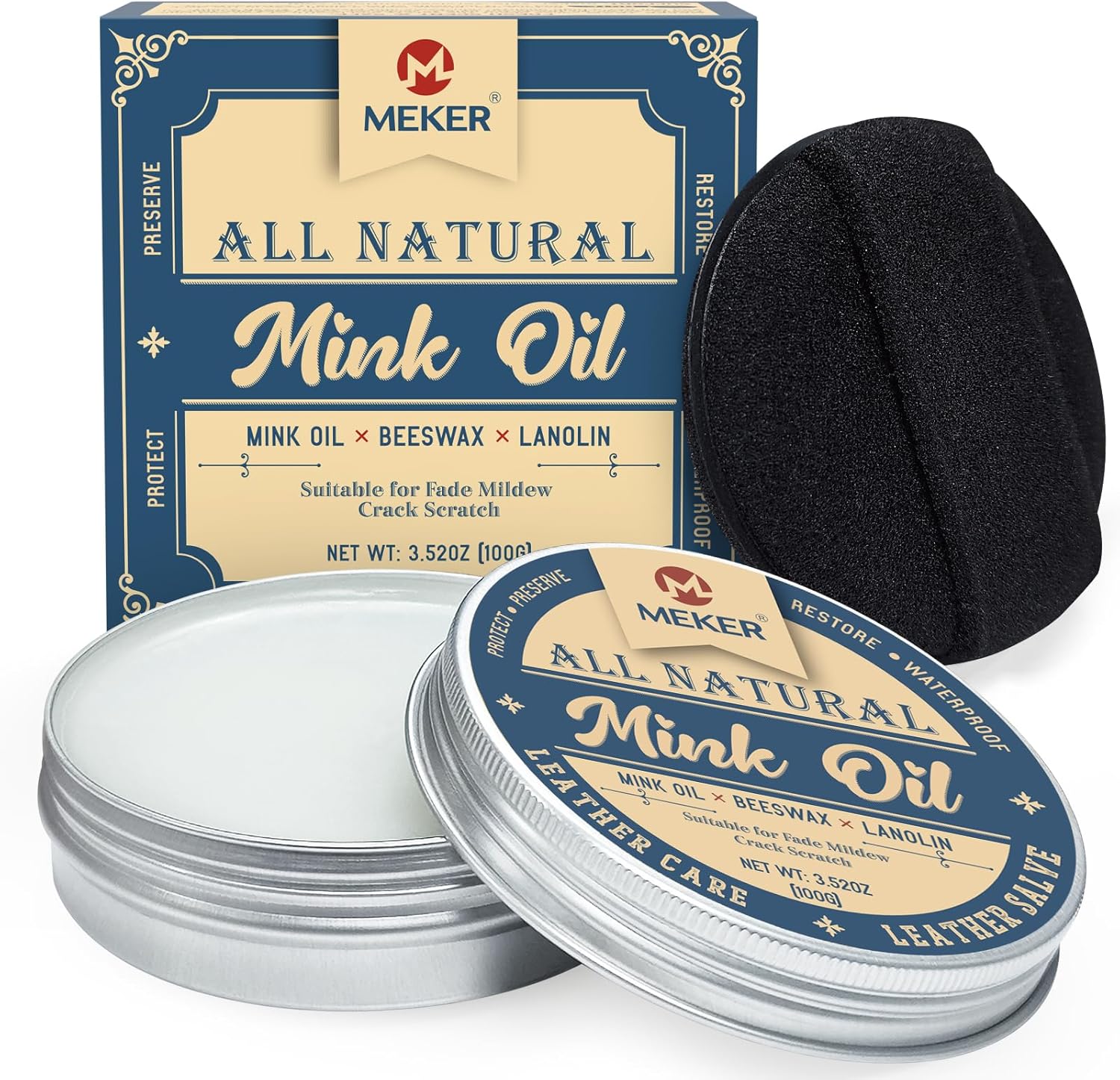 MEKER Mink Oil, Mink Oil for Leather Boots, All-Natural Leather Conditioner with Sponge, Restore Shoes, Jackets, Hats, Baseball Gloves, Saddles and Harnesses, 3.52oz