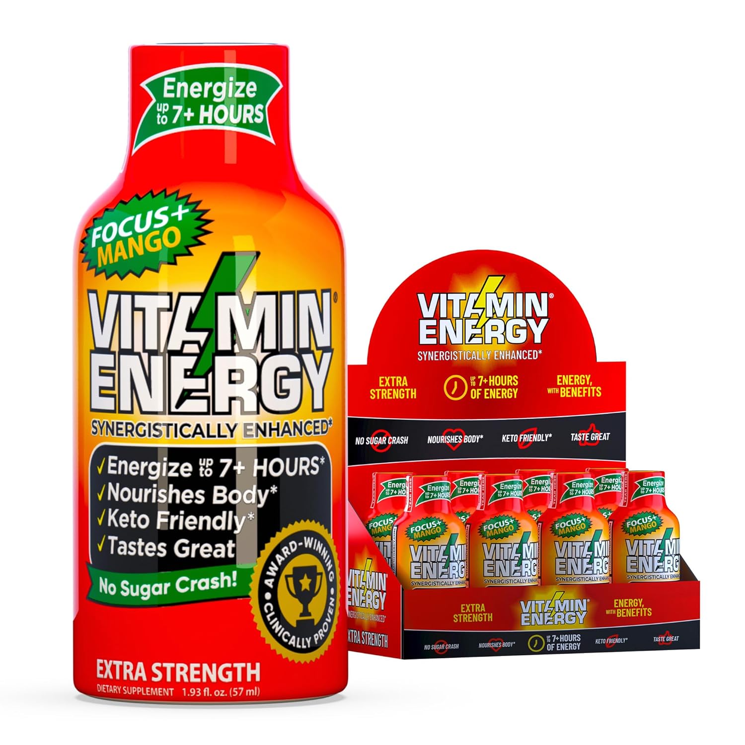 Vitamin Energy Focus+ Extra Strength Energy Shot Mango 8 Pack, 260mg Natural Caffeine, B-Vitamins, CoQ10, Amino Acids, Focus, Productivity & Clarity, Zero Sugar, Gluten-Free, 1.93 fl oz