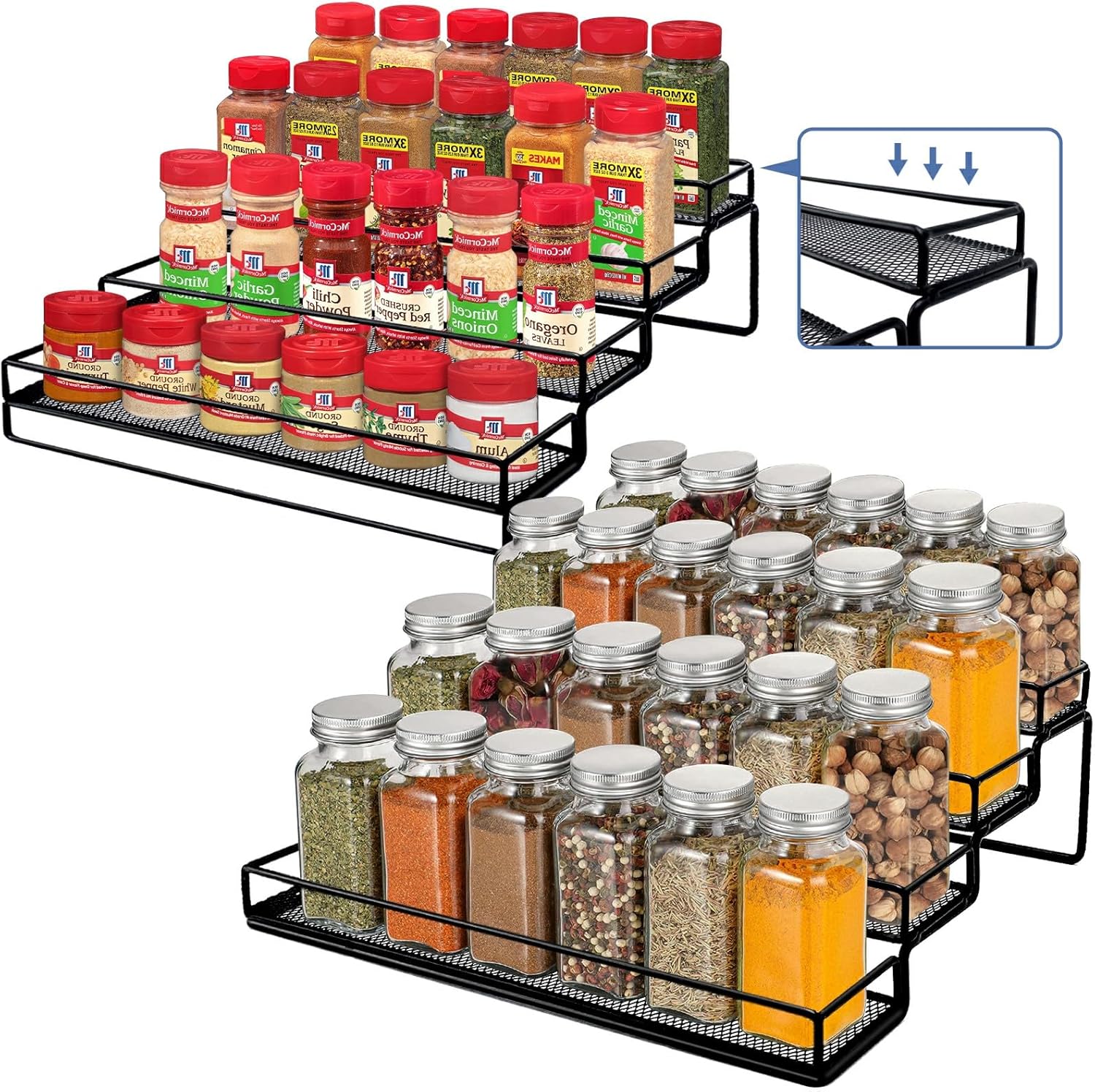 Spice Rack Organizer for Cabinet, 4 Tier Seasoning Organizer, Expandable Shelf,Step Storage Holder, Kitchen Cabinet Countertop,with Protection Railing, Metal (Black,4 Tier,2Pack)