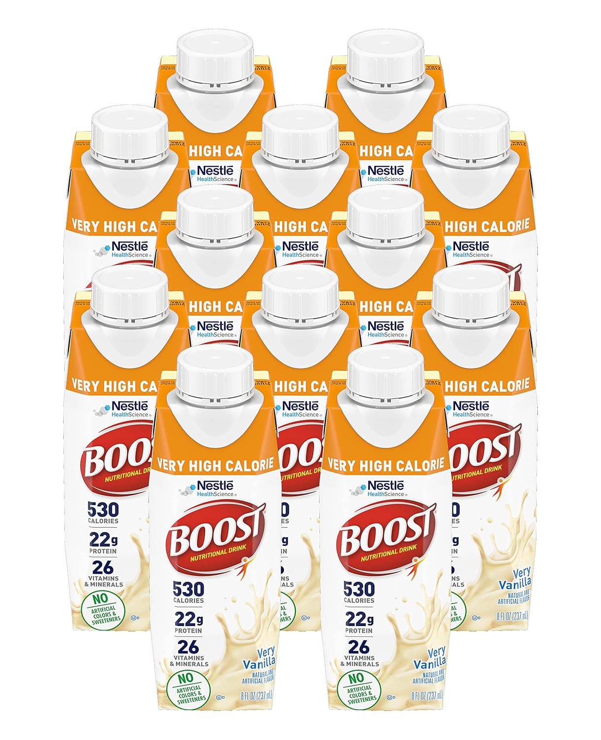 Boost Very High Calorie Nutritional Drink Very Vanilla, Made with Natural Vanilla Flavor & No Artificial Flavors, Colors & Sweeteners, 8 FL OZ (Pack of 12)
