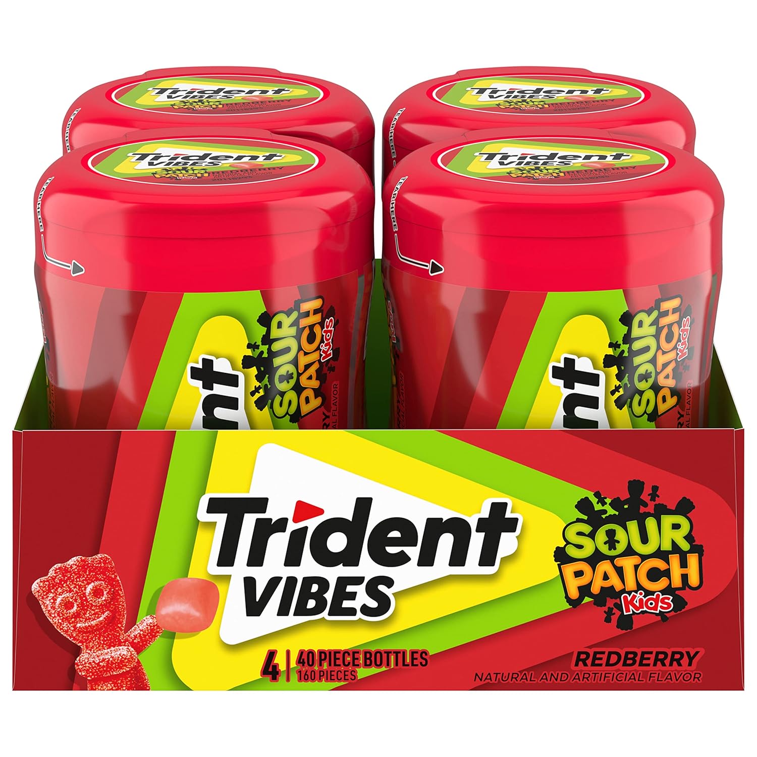 Trident Vibes SOUR PATCH KIDS Redberry Sugar-Free Chewing Gum, 4-40 Piece Bottles (160 Total Pieces)