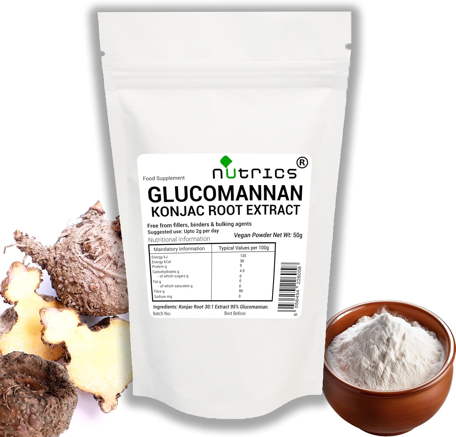 Nutrics® GLUCOMANNAN 95% Konjac Fiber 30:1 Extract Supplement Vegan 50g Powder - Free from fillers Binders & Bulking Agents