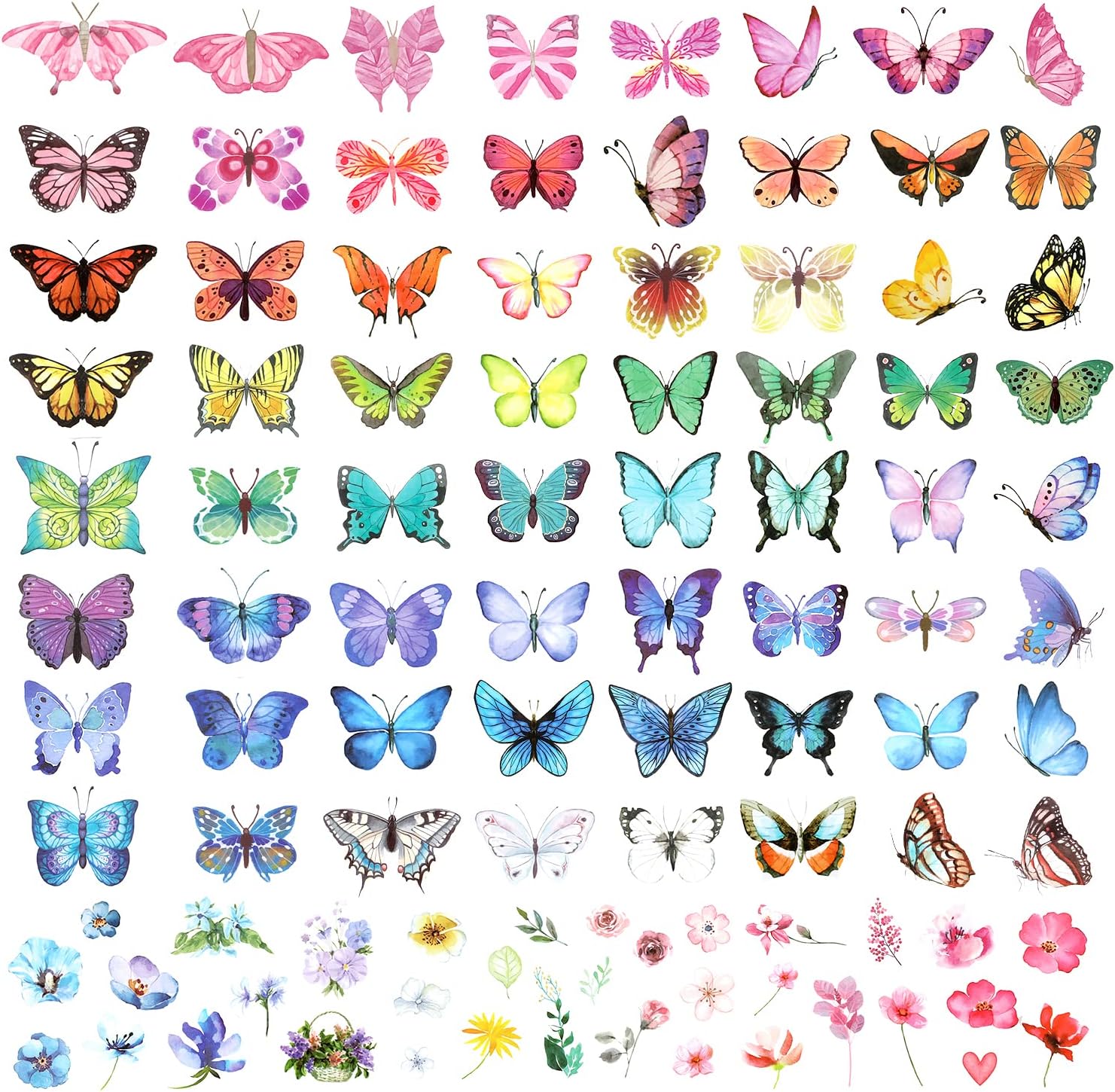 TOYMIS 100pcs Temporary Butterfly Tattoos, Colorful Small Butterfly Flowers Tattoo Stickers Waterproof Cute Small Tattoos for Adults Kids Face Body Birthday Party Carnival, 4.7x3 inch