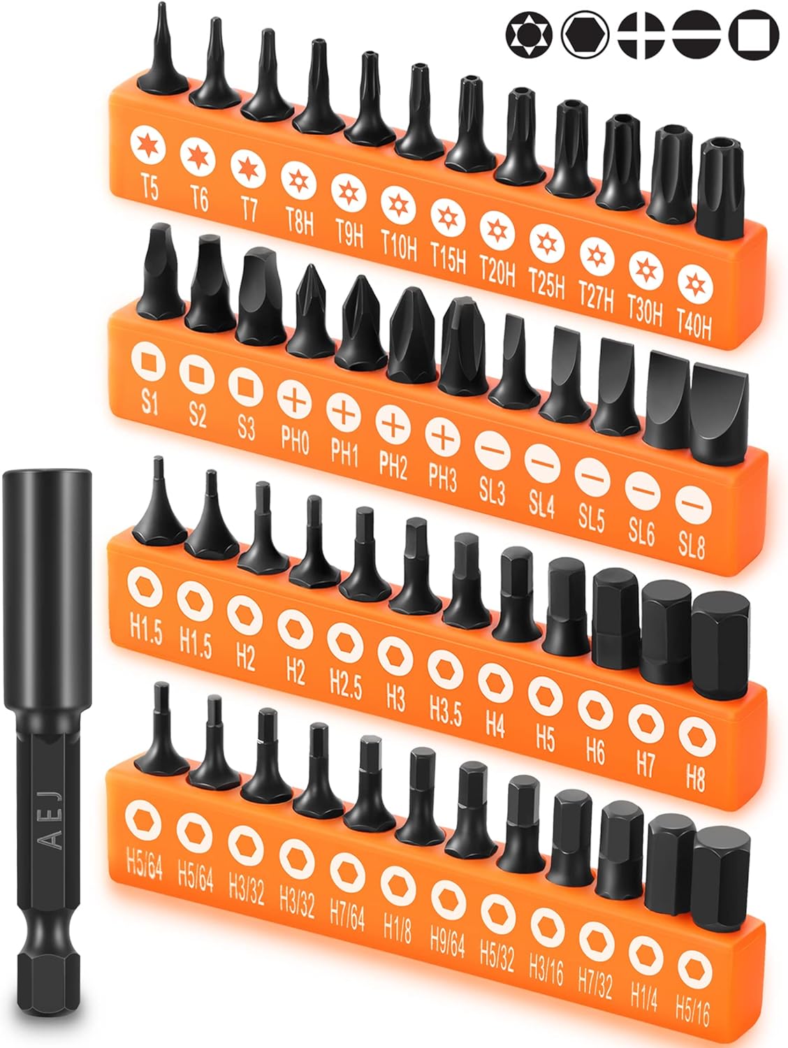 AEJ 49-Pack Screwdriver Bit Set, Hex Head Drill Bit Set, Torx Square Slotted Phillips Bit Set with 1/4" Bit Holder, 1/4 Hex Shank, S2 Steel, 1"Long