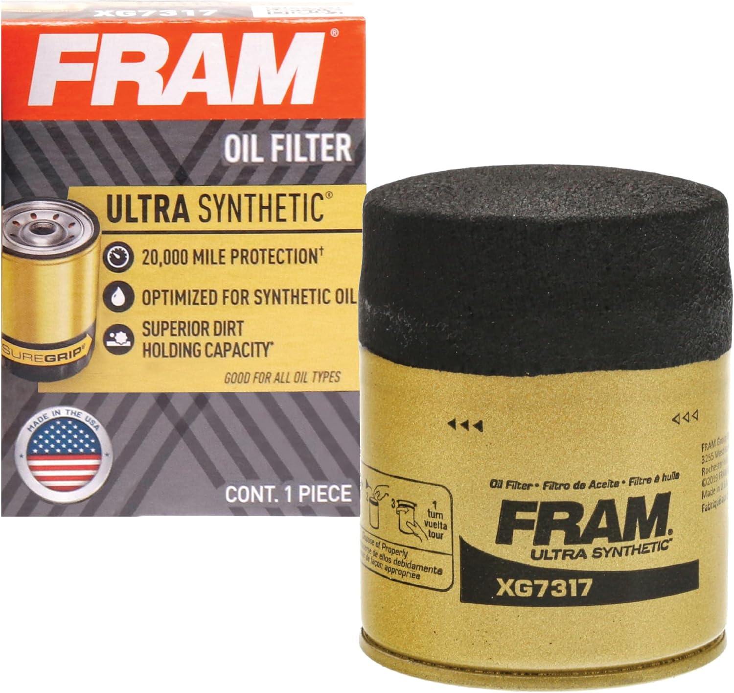FRAM Ultra Synthetic Automotive Replacement Oil Filter, Designed for Synthetic Oil Changes Lasting up to 20k Miles, XG7317 with SureGrip (Pack of 1)
