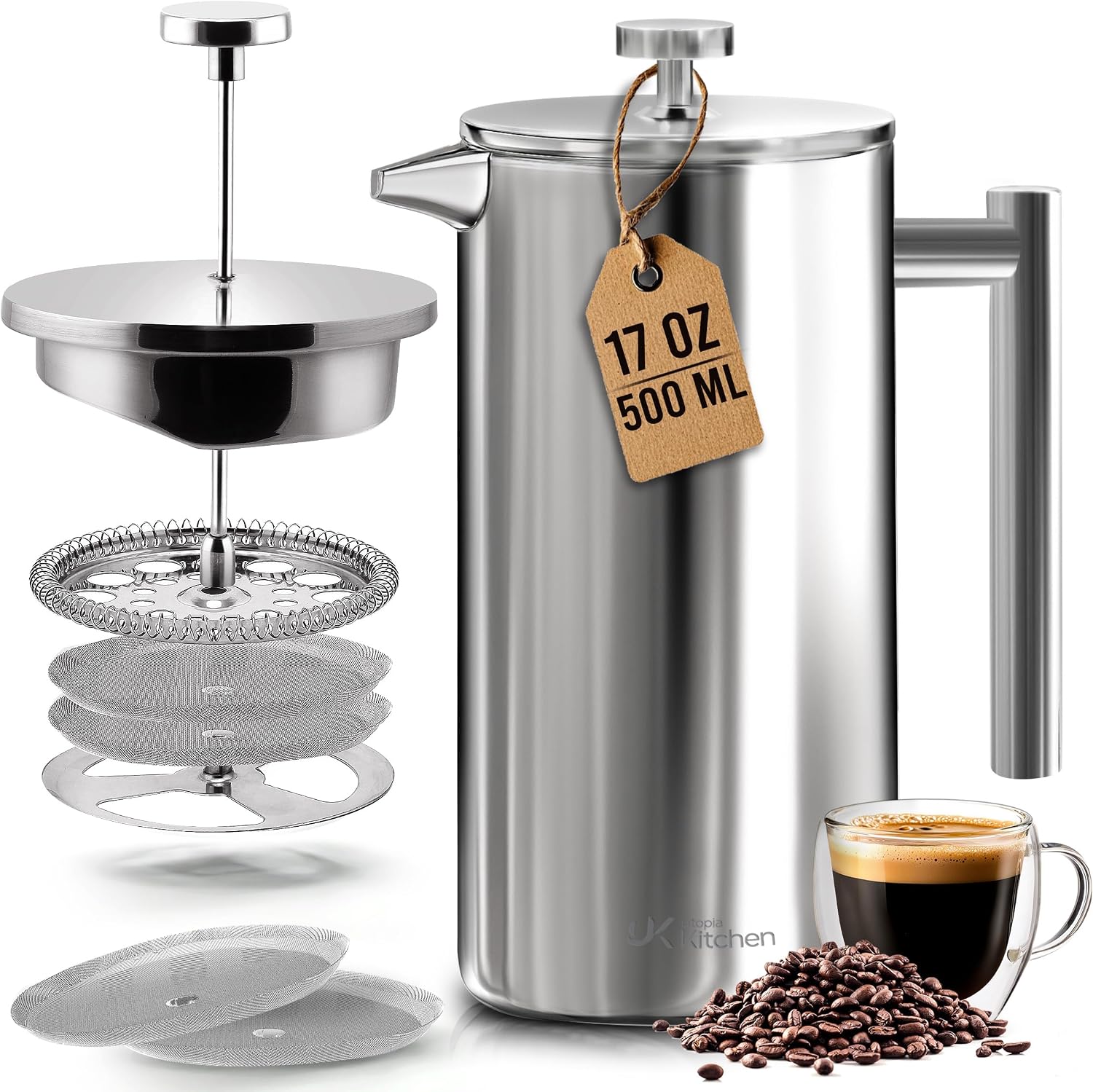 Utopia Kitchen 304 Grade Stainless Steel French Press 17 Oz, Silver