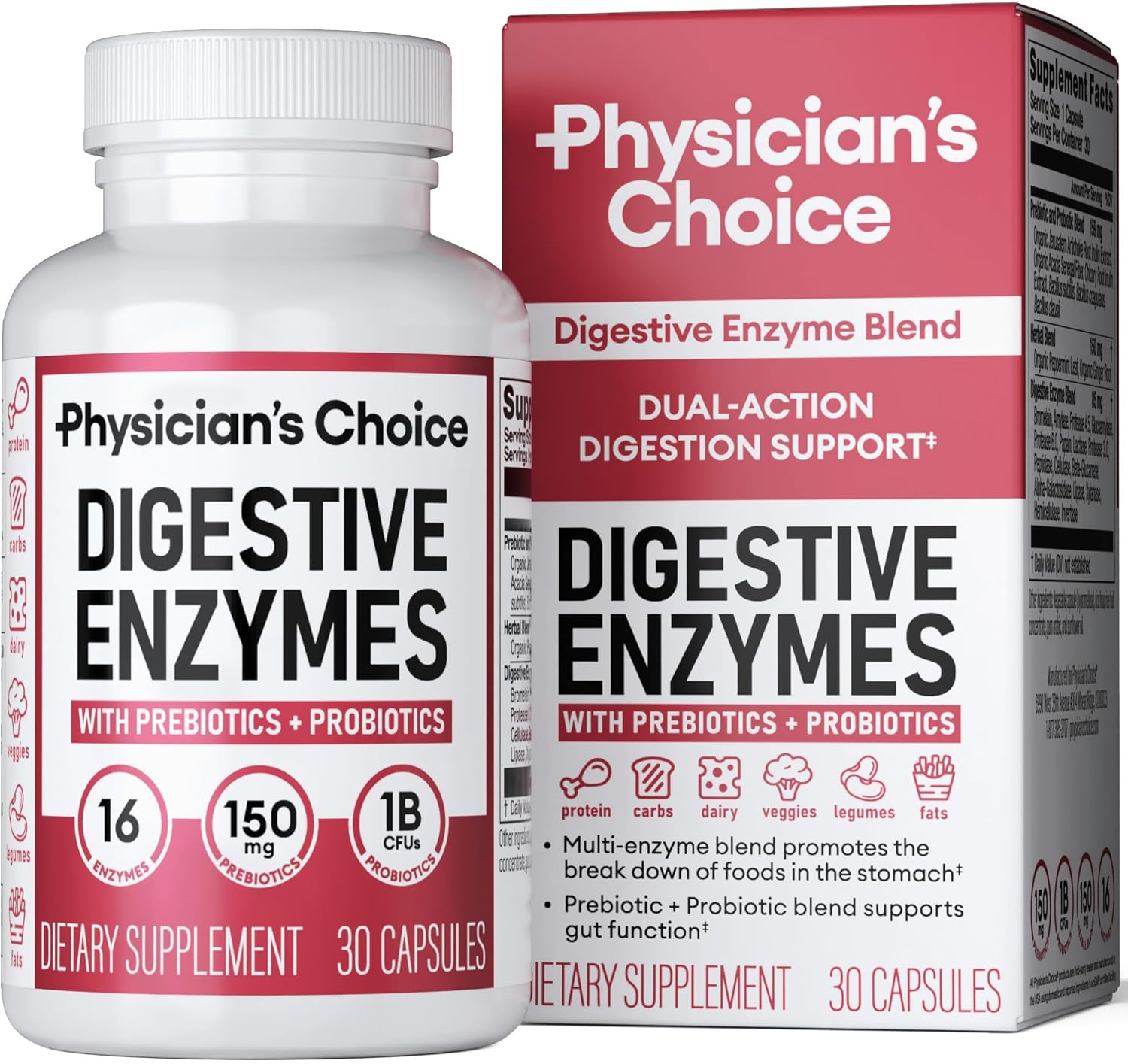Physician's CHOICE Digestive Enzymes - Multi Enzymes, Bromelain, Organic Prebiotics & Probiotics for Digestive Health & Gut Health - Bloating & Meal Time Discomfort - Dual Action - All Diets - 30 CT