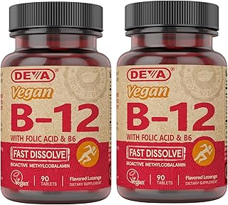 DEVA Vegan Vitamin B12 Fast Dissolve Supplement - Once-Per-Day Complex with 1000 Mcg Methylcobalamin B12, Folic Acid, B6 - Lemon Flavor - 90 Dissolvable Tablets, 2-Pack