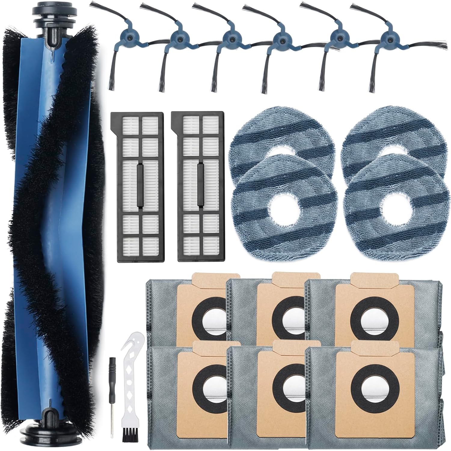21Pcs X10 Pro Omni Replacement Parts Kit for Eufy X10 Pro Omni Robot Vacuum Accessories, 1 Main Roller Brush, 6 Dust Bags 6 Side Brushes 2 Hepa Filters 4 Mop Pads 1 Screwdriver 1 Clean tool
