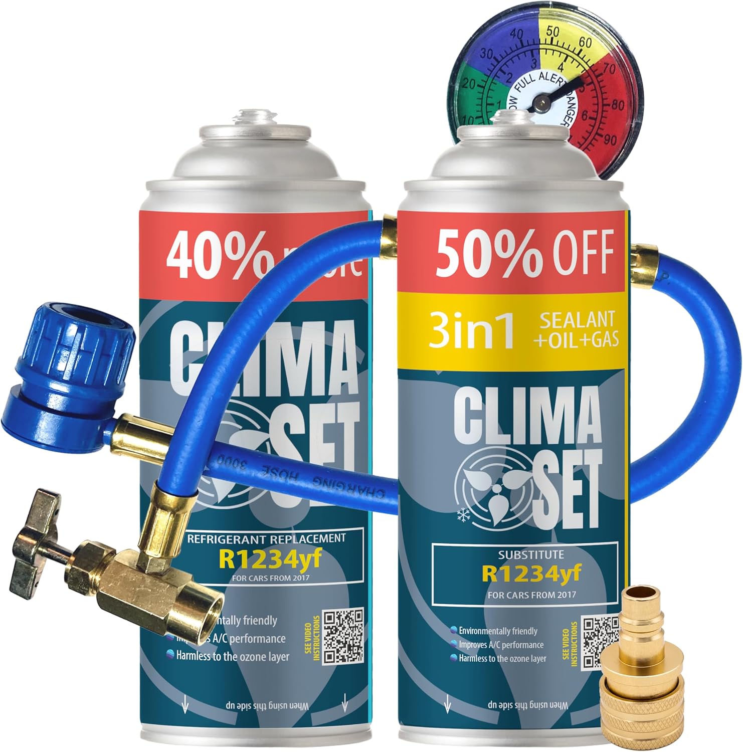 ClimaSet R1234yf air conditioning recharge + 3in1 r1234yf air conditioning gas - 2x235 g with hose, pressure gauge and HP/LP adapter - Car air conditioner - Car air conditioning recharge - ECO