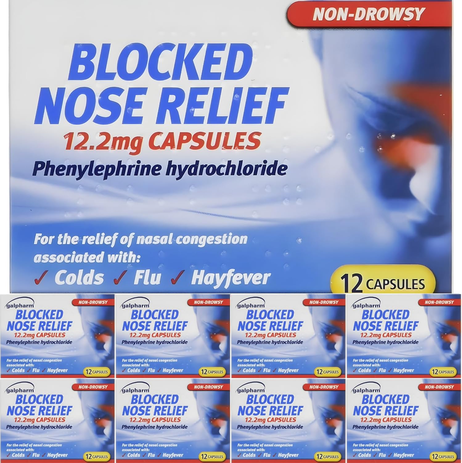 96 x Blocked Nose Relief Capsules - Decongestant for Nasal Congestion Relief & Mucus Relief (12 x 8 Packs)