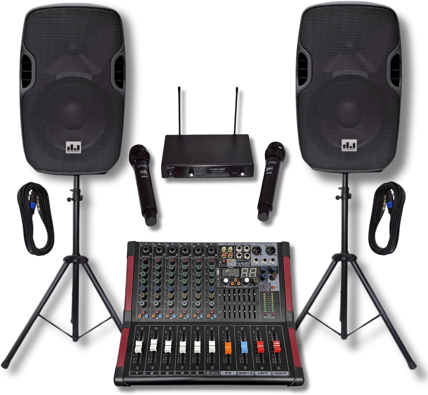 MUSYSIC Portable PA System with 2000W Amp & Wireless UHF Microphone System. 6 Ch Audio Mixer with Multiple Inputs. pa system with wireless microphone and speakers, Complete w/Stands - 10" Speaker 800W