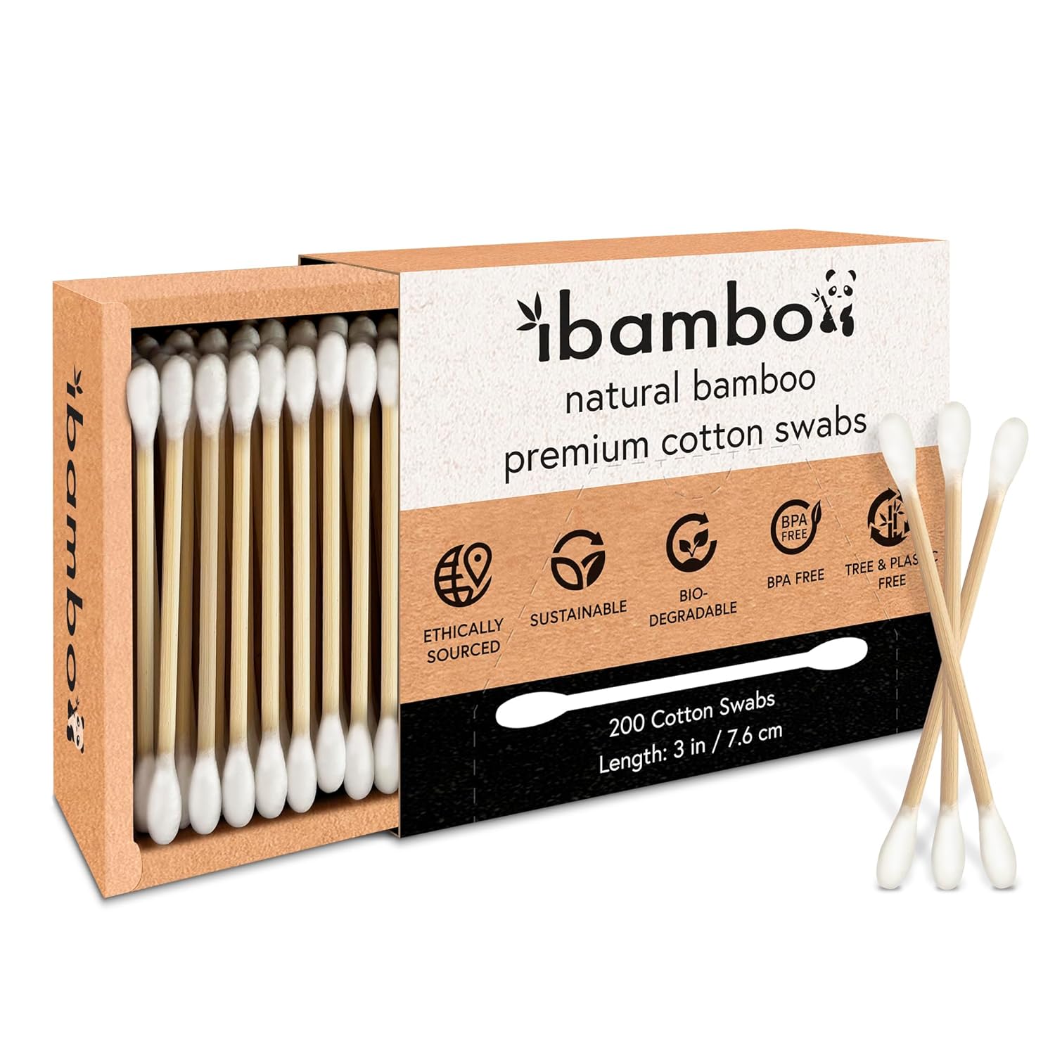 200 Pack 100% Bamboo Cotton Swabs - Double Tipped Cotton Buds for Ear Cleaning | Bamboo Swabs for Beauty & Personal Care | FSC Certified & Hypoallergenic, Suitable for All Ages and Pets