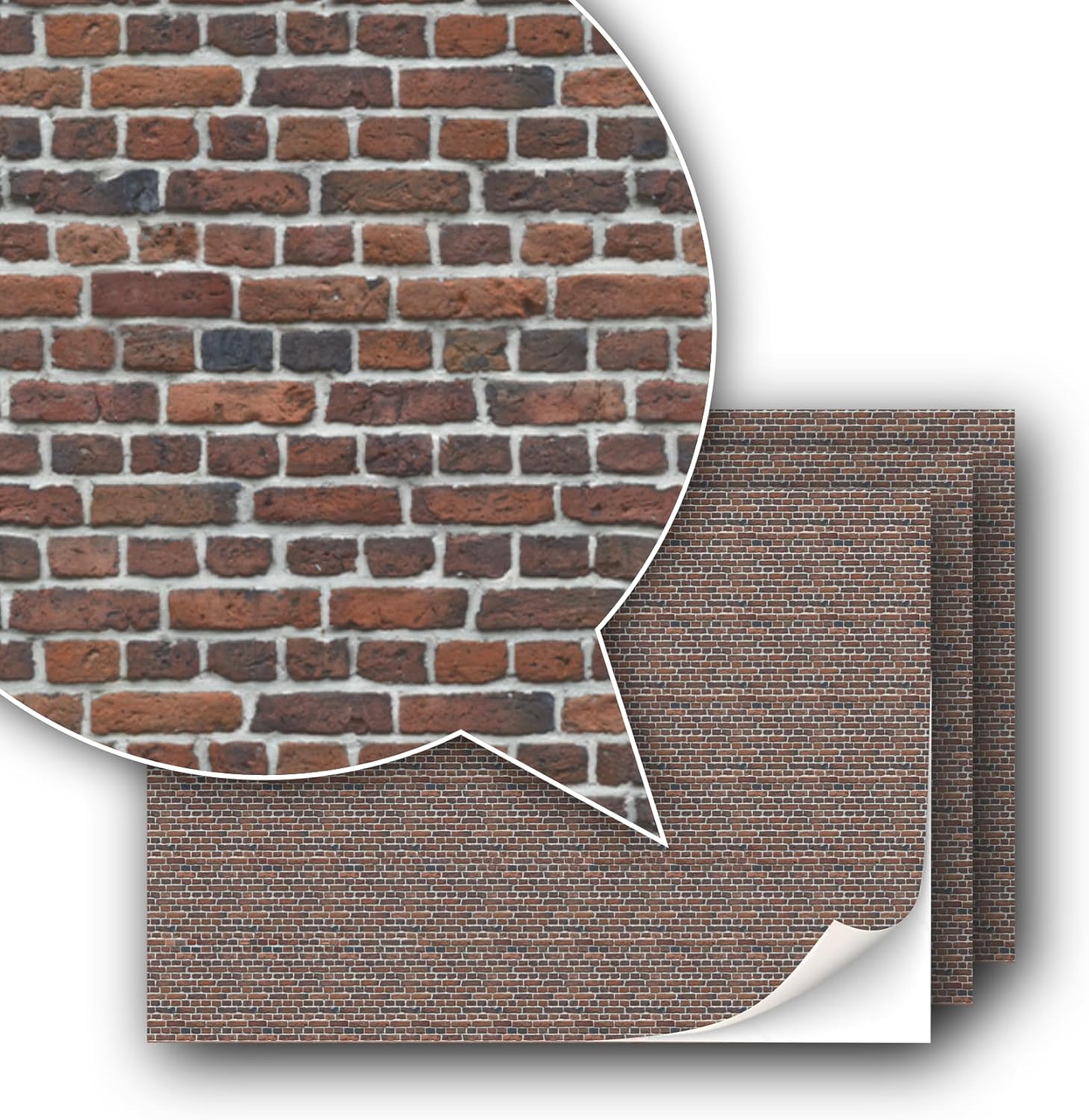 3 Sheets Self-Adhesive Decorative Film Wall Cladding for Model Making in Scale 1:87 Scale H0 (UK: 3.5 mm Scale) (Smoke Red Brick)