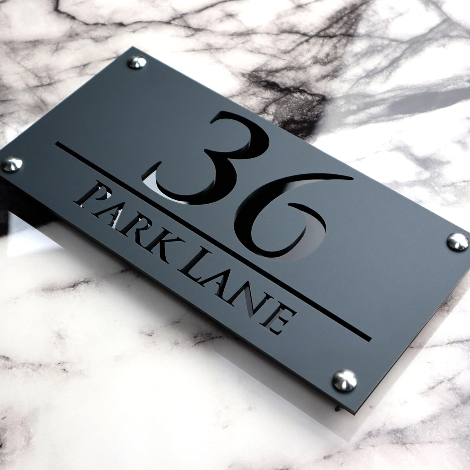 K SMART SIGN | LUXE H3 F32 | House Numbers Plaques House Numbers Door Laser Signs Number Name Personalised Plaques For Outside 3D Laser Cut acrylic Mirrored Marble (Dark Gray & Gloss Black)