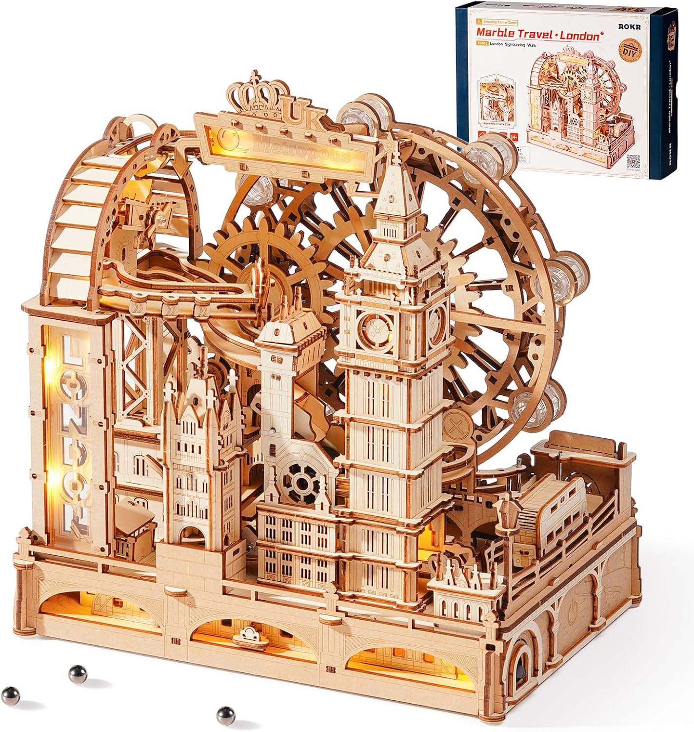 ROKR 3D Wooden Puzzles for Adults,Marble Travel London,431Piece 3D Puzzles,Marble Run Gift for Adults