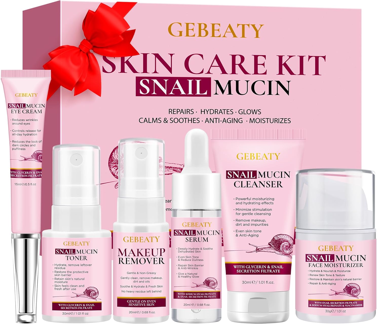 Gifts for Women,Skin Care Set,Anti-aging Moisturizing Repair Soothing Snail Mucin Serum Hydrating Facial Skin Care Routine Kit for Dull Skin & Dry Skin,Travel Skincare Gift Set Teenage Teen Girl Gifts