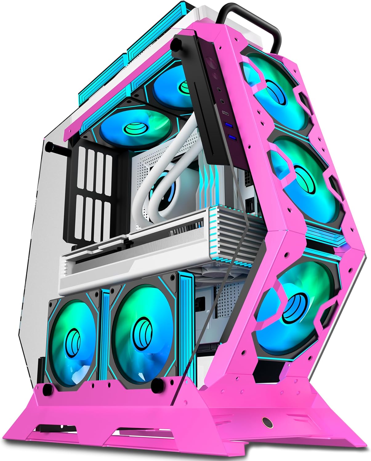 KEDIERS PC Case C570 ATX Mid Tower Tempered Glass Gaming Computer Open Frame Case with 7 PWM ARGB Fans (Pink) (Pink)