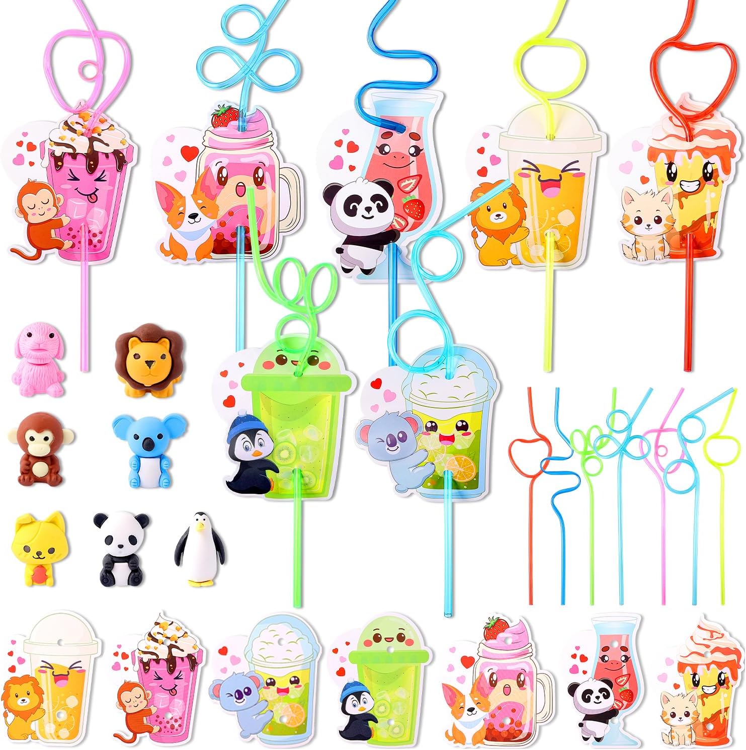 Valentines Day Cards For Kids, 28 Packs Valentines Day Gifts With Reusable Drinking Straws And Animal Toys, Valentine Exchange Pack For School Classroom Prizes, Valentines Party Favor And Supplies
