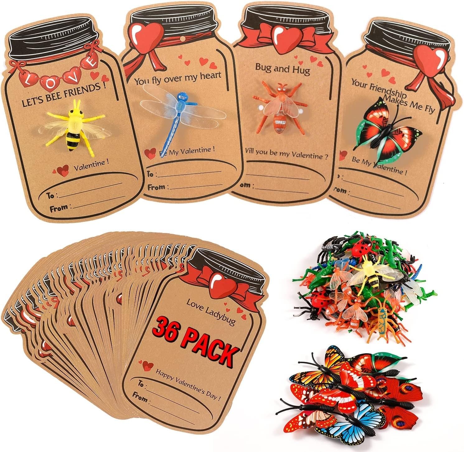 Valentines Day Cards for Kids - 36 Pack Love Bug Valentine Day Gifts for Kids & 12 Different Toy Bugs - Kids Valentines Day Cards Greeting Cards for Kids Classroom School Gifts Exchange Party Favors