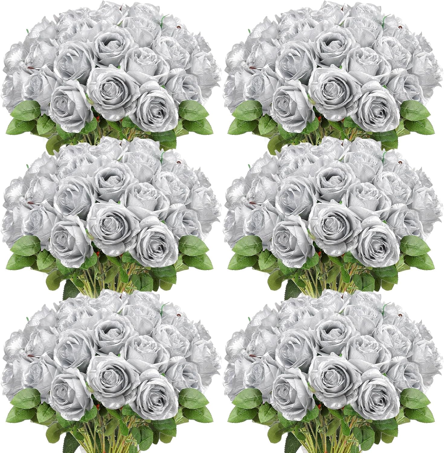50 Pcs Artificial Rose Flower Realistic Silk Roses with Stem Bouquet of Flowers Plastic Flowers Real Looking Fake Roses for Home Wedding Centerpieces Party Decorations (Silver)