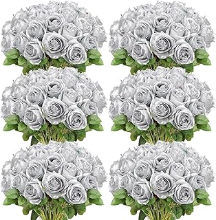 50 Pcs Artificial Rose Flower Realistic Silk Roses with Stem Bouquet of Flowers Plastic Flowers Real Looking Fake Roses for Home Wedding Centerpieces Party Decorations (Silver)