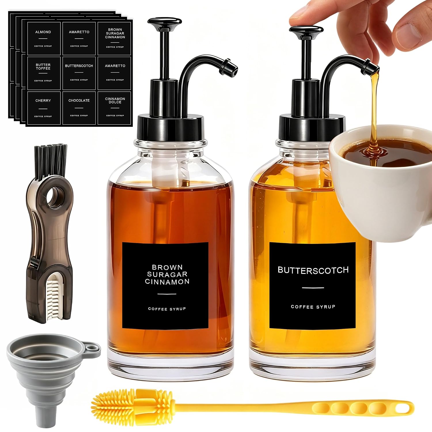 Coffee Syrup Dispenser Glass 2 Pack, 500ml Pump Bottle for Syrup