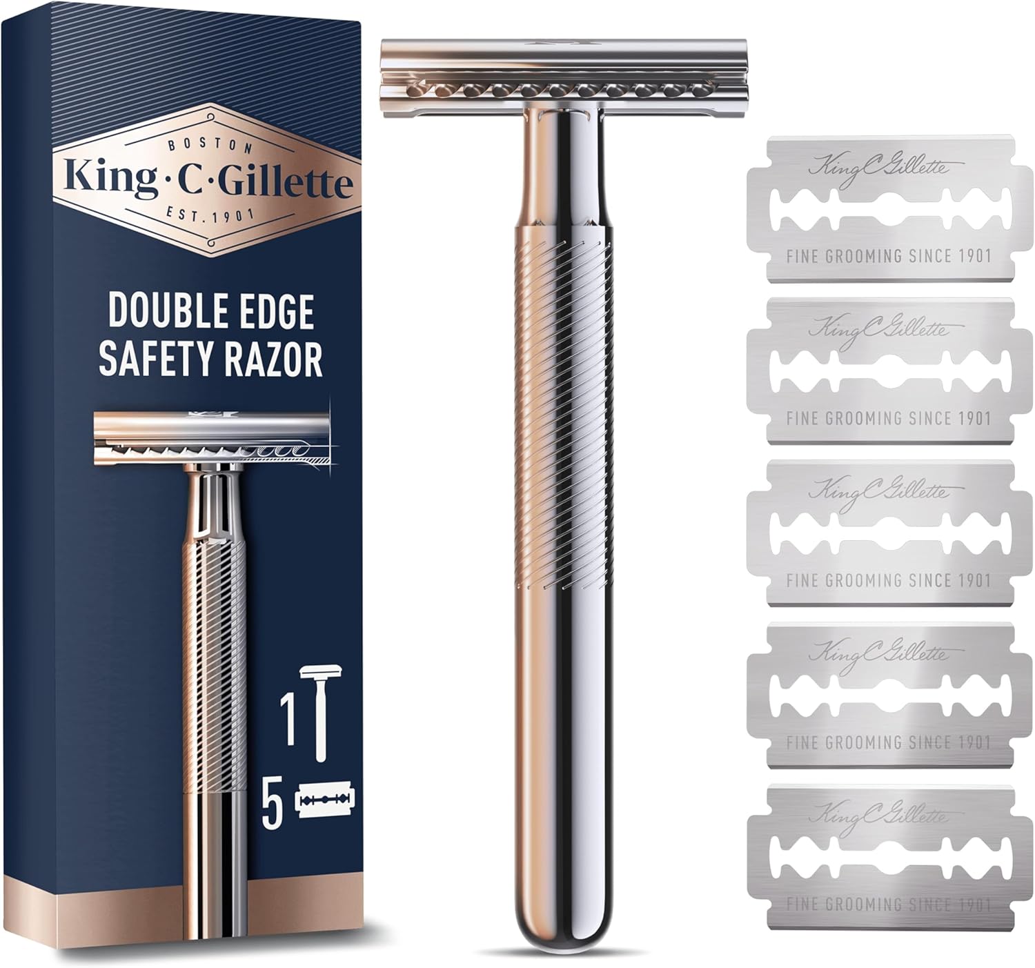 King C. Gillette Double Edge Safety Razor for Men, Gillette Razors for Men, 5 Platinum Coated Double Edge Razor Blades, Safety Razors for Men, Mens Razors for Shaving, Razor Blades Men