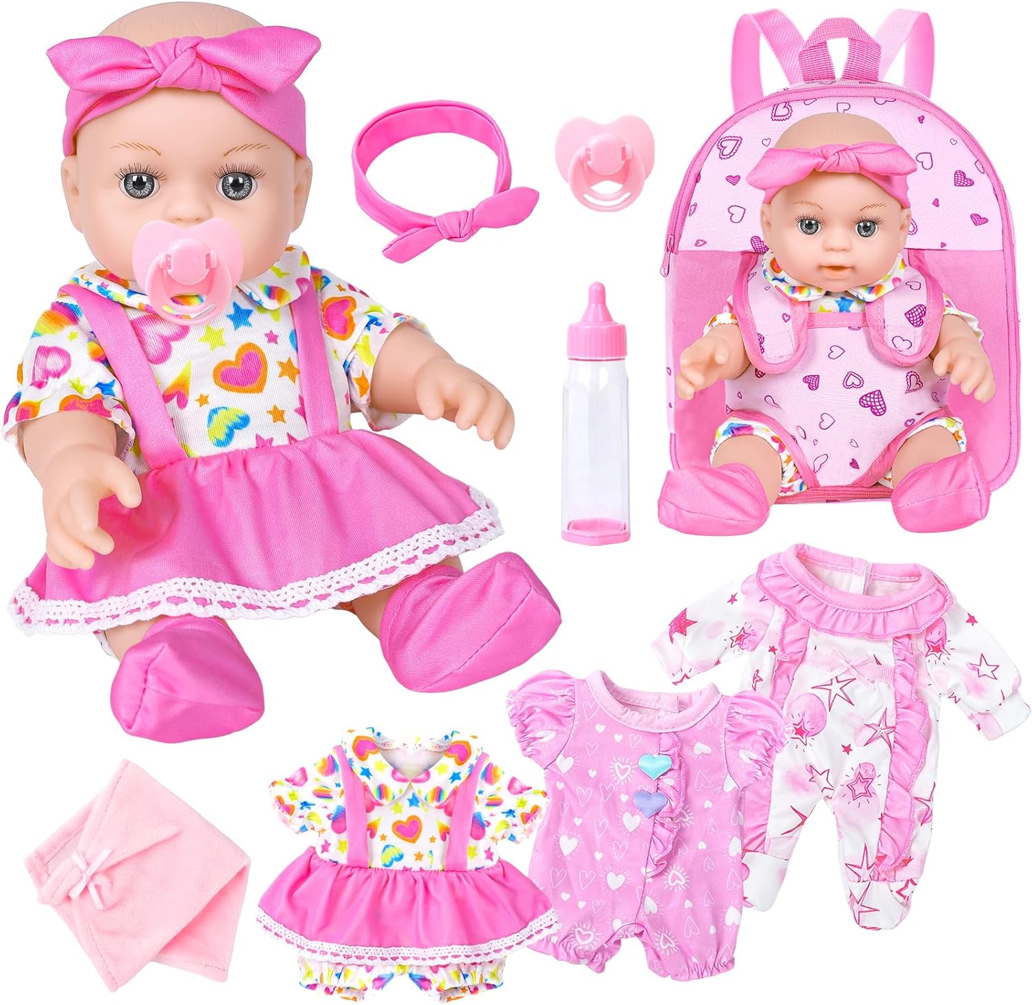 DONTNO 12 Inch Baby Doll with Backpack Carrier and Accessories,Reborn Baby Doll Includes 3 PCS Clothes and Bottles,Nipple,Burp Cloth,First Baby Dolls for Toddlers 36 Months and Up