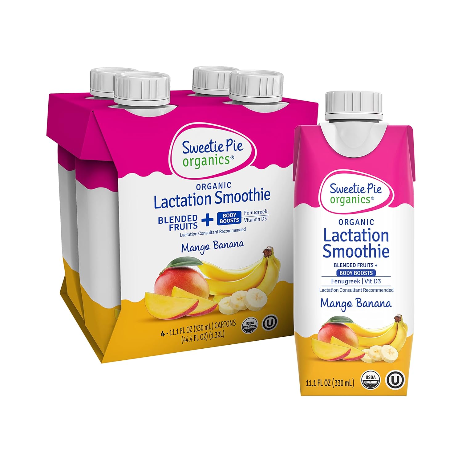 Sweetie Pie Organics Lactation Smoothie, Mango Banana, Support Breast Milk Production for Nursing and Pumping, No Artificial Sweeteners, Flavors, or Dyes - 4 Pack
