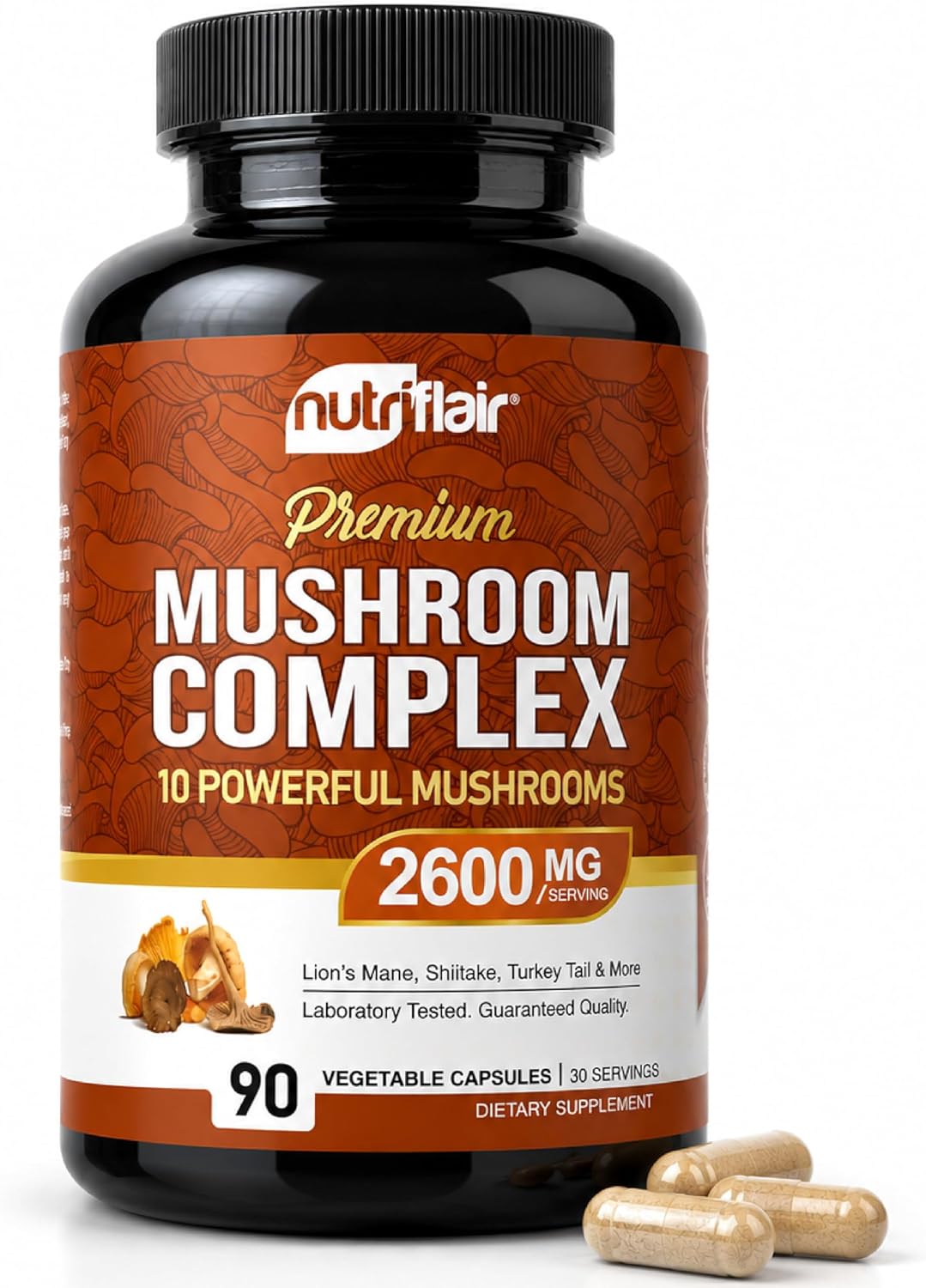 NutriFlair 10 Mushroom Complex Supplement 2600mg, 90 Capsules | Made in USA