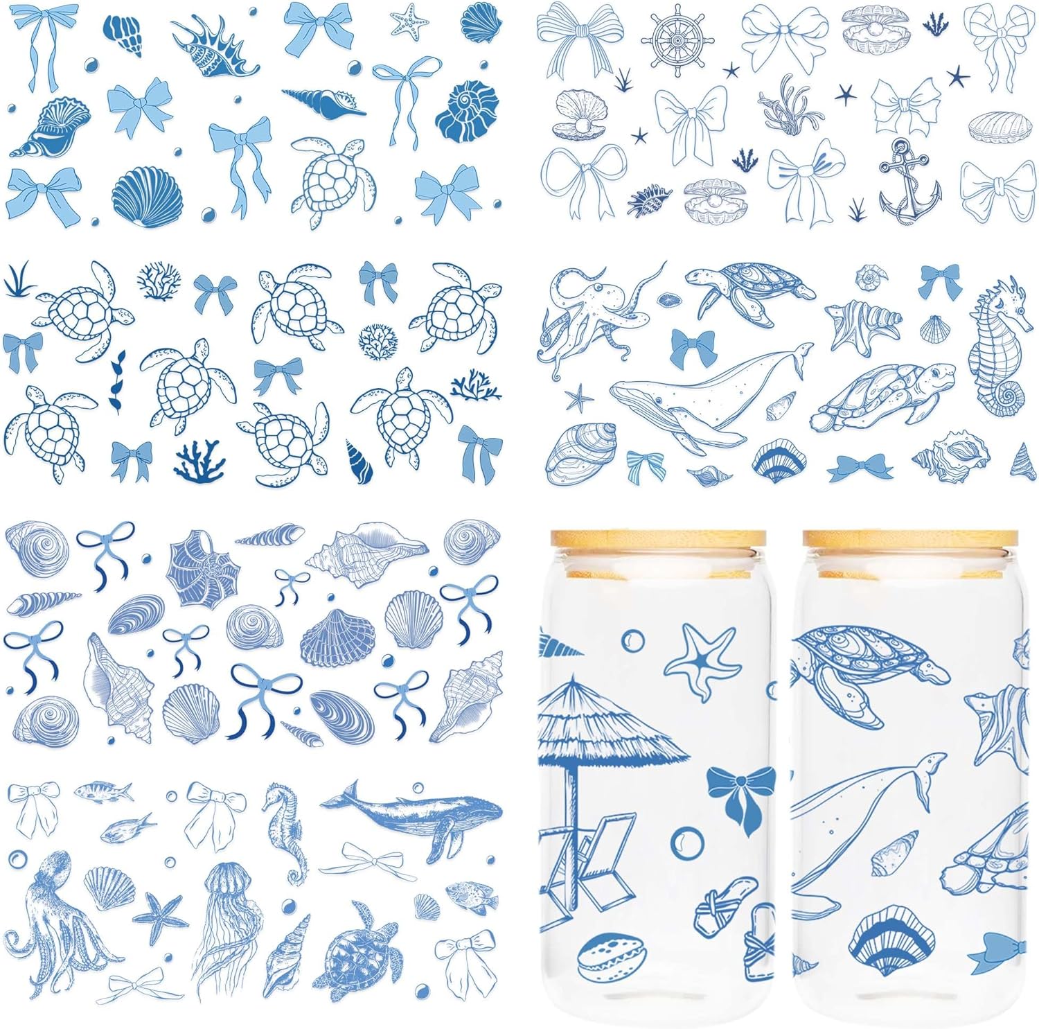 Ocean UV DTF Cup Wraps - 8 Sheet Marine Life UV DTF Transfer Stickers, Blue Bow UVDTF Cup Wraps for Glass, Turtle Waterproof Transfer Sticker, DIY Crafts for Friends