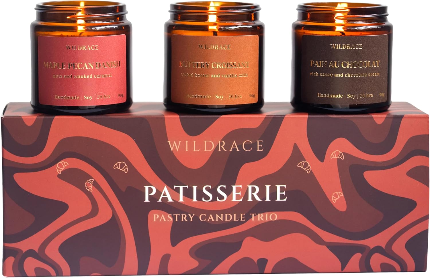 WILDRACE Patisserie Bakery Croissant Candle Gift Set | Buttery Croissant, Pain au Chocolat and Danish Scented Candles | Handmade in UK with 100% Vegan and Soy Wax