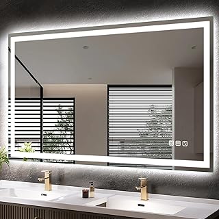 Led-Bathroom-Mirror-with-Lights, 60"x36" Wall-Mounted with 3 Colors Dimmable Light, Bluetooth Speaker, Anti-Fog, Memory, Tempered Glass, Front & Backlit (Horizontal/Vertical)