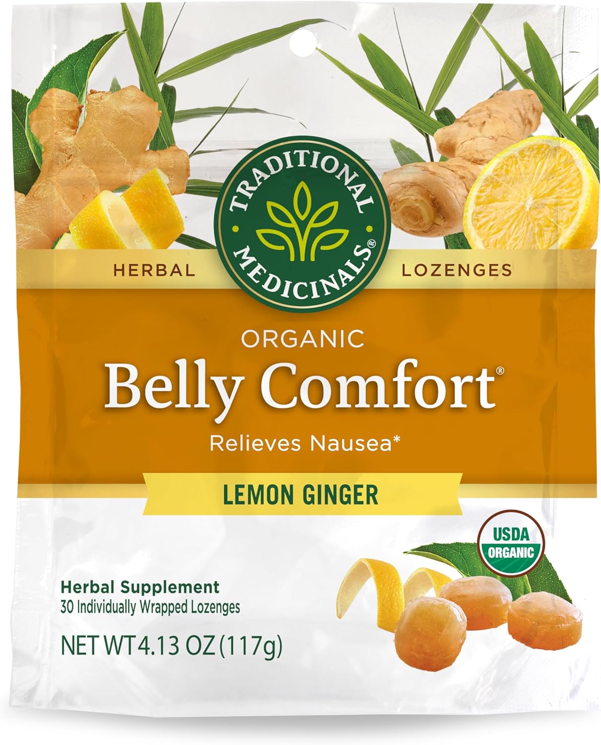 Traditional Medicinals Organic, Belly Comfort Lozenges, Lemon Ginger - Supports Nausea Relief and Occasional Indigestion - Non-GMO, Stimulant-Free - 30 Individually Wrapped Lozenges