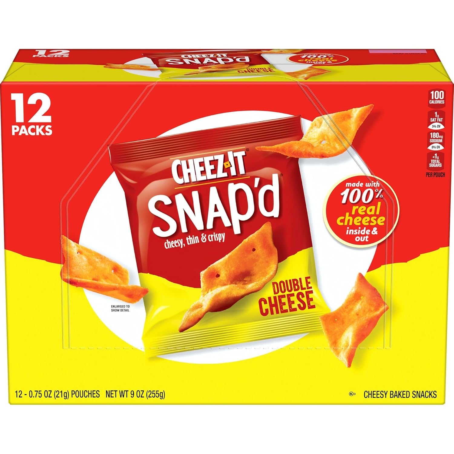Cheez-It Snap'd Cheese Cracker Chips, Thin Crisps, Lunch Snacks, Double Cheese, 9oz Box (12 Pouches)