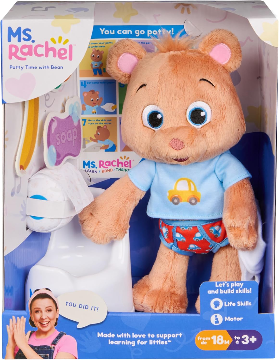 Ms. Rachel Official Potty Time with Bean, 11” Plush Teddy Bear with Play Toilet & Accessories, Toddler Toys for Girls & Boys for Ages 18 Months to 3+