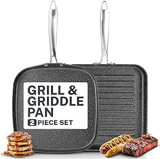 Granitestone 2 Pack Nonstick 10.5” Grill Pan + Flat Griddle Pan for Stove Top with 3x Coated Surface Perfect for Eggs Pancakes Steaks and More, Stove Top Griddle for Gas Grill, Oven Safe, PFOA Free