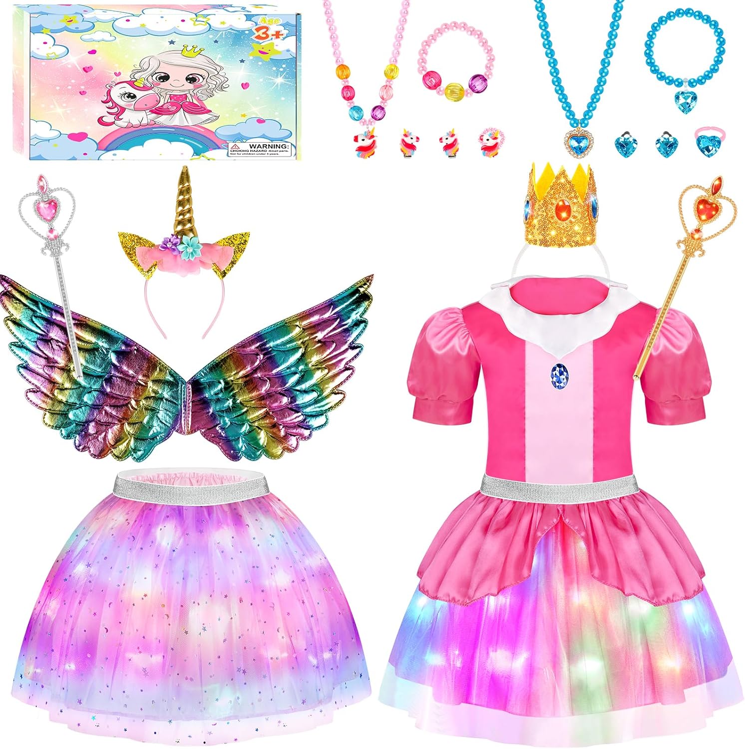 Toddlers Light Up Princess Dress Up Clothes for Little Girls 3-6, Unicorn & Peach Kids Dress Up Princess Costume with Tutu, Wing, Play Jewelry, Kid Pretend Play Princess Toys Gift for Girls Toddler